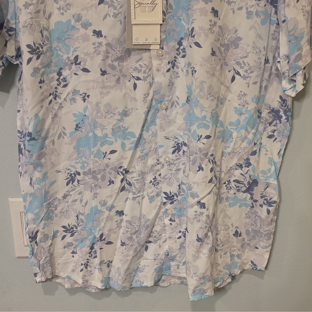 Cactusman Men's Short Sleeve Viscose Polo Shirt White/Blue/Purple Floral M #263 - Picture 4 of 8